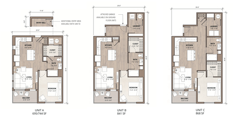 Three floor plans for Unit 5F, 6F, and 7F are shown.